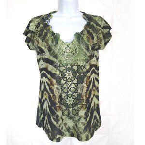 NOWT One World Top Tie Dye Lace Applique Rhinestone Green Black Boho '09 Small
